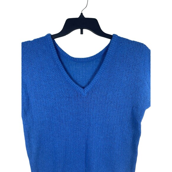 VTG Parrinello Blue Knit Fuzzy Short Sleeve Sweater L Silk Linen Angora Blend - Picture 2 of 11